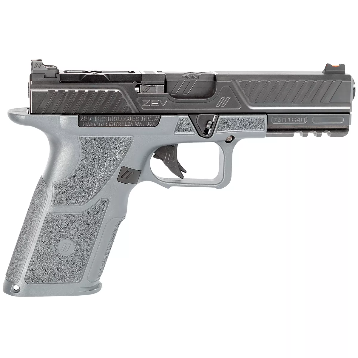 ZEV OZ9STDCOMG OZ9 Combat 9mm Pistol 4.49″ Combat Gray Frame Black Steel Slide with Optics Cut Aggressive Textured Combat Gray Polymer Grips